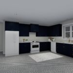 Plan 288-0171 modern kitchen with navy cabinets and hexagonal tile floor