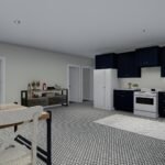 Plan 288-0171 kitchen with dark cabinetry and dining area
