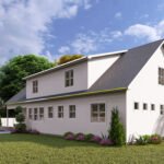 Plan 288-0246 Rear view of a two-story house with landscaped yard