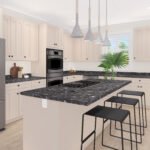 Plan 288-0246 kitchen with island, black countertops, and pendant lights