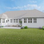 Plan 288-0247 Rear view of a house with a patio and landscaped yard
