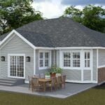 Plan 288-0174 Rear view of a single-story home with patio and landscaping