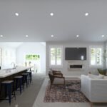 Plan 288-0174 open living area with kitchen island and large windows