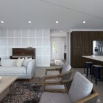 Plan 288-0174 open living area with kitchen and seating arrangement