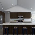 Plan 288-0174 kitchen with vaulted ceiling and large island seating