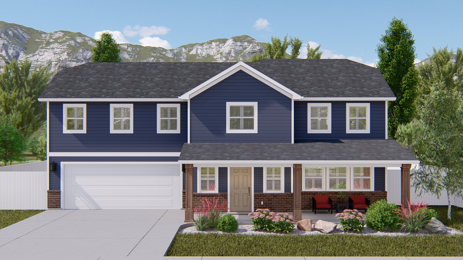 Plan 288-0228 Front view of a two-story home with a porch and garage