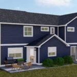 Plan 288-0228 Left side view of a two-story blue house with porch