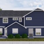 Plan 288-0228 Rear view of a two-story blue house with patio seating