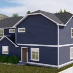 Plan 288-0228 Rear right view of a two-story blue house with porch