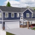 Plan 288-0228 Front view of a two-story home with a porch and garage
