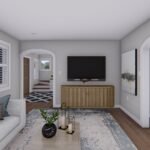 Plan 288-0228 interior view of living room with TV and decorative plants