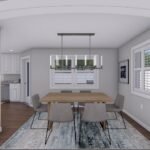 Plan 288-0228 dining room with modern lighting and large windows