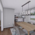 Plan 288-0228 dining room with modern lighting and open kitchen view