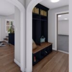 Plan 288-0228 interior view of entryway with built-in storage and bench