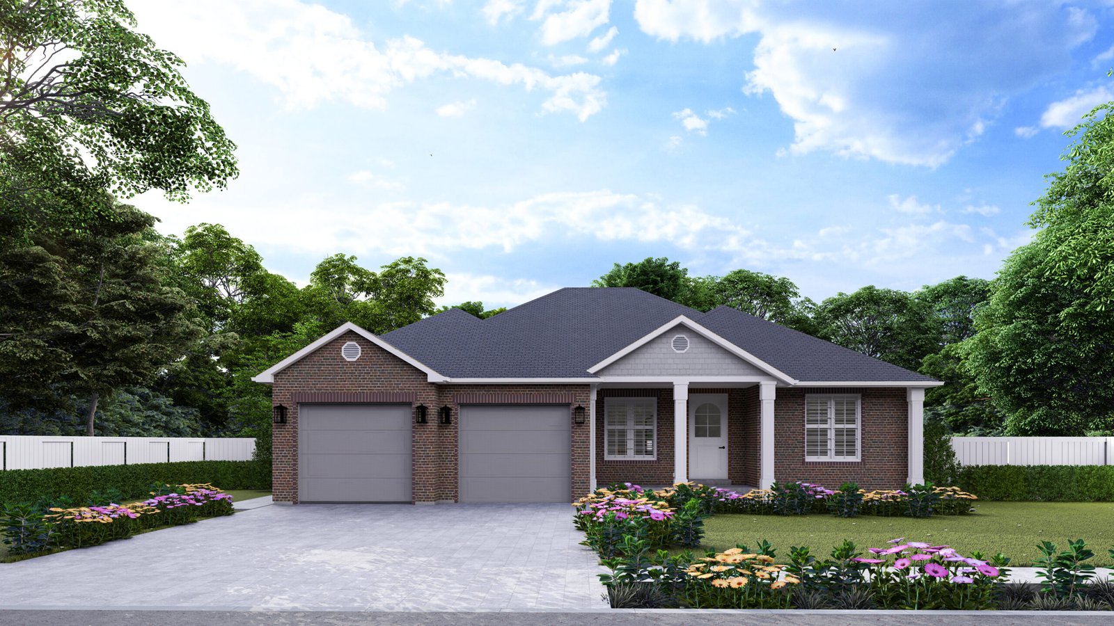 Plan 288-0176 Front view of a brick home with two-car garage and porch