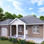 Plan 288-0176 Front view with brick siding and two-car garage
