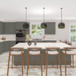 Plan 288-0176 kitchen with island, gray cabinetry, and pendant lighting