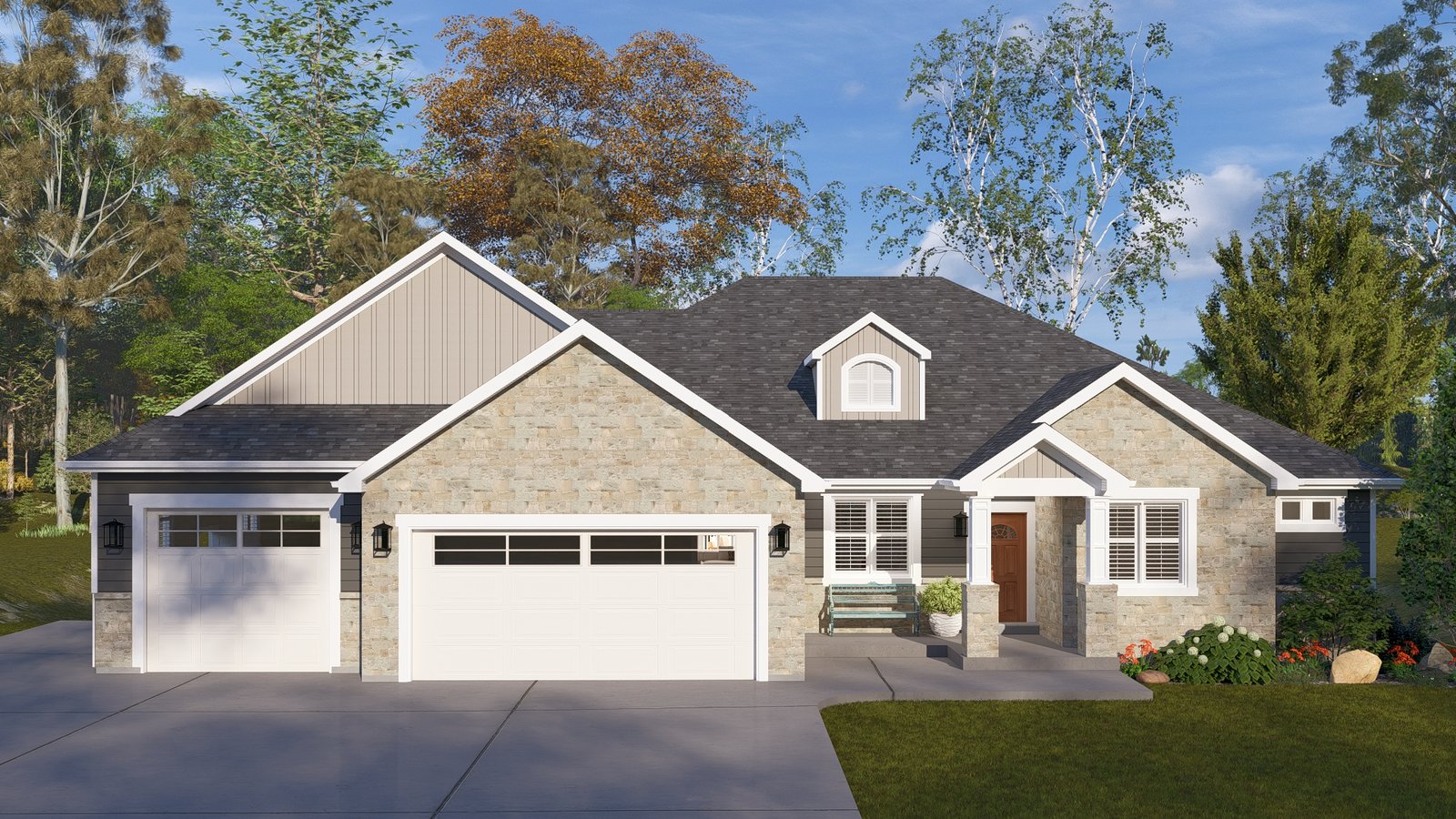 Plan 288-0177 Front view with stone accents and dual garage doors