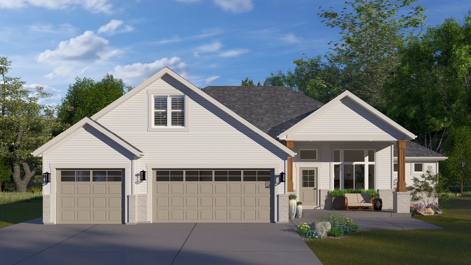 Plan 288-0250 Front view with gable roof and dual garage doors