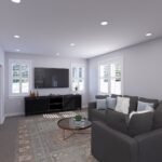 Plan 288-0223 living room with large windows and modern furnishings