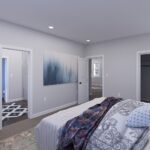 Plan 288-0223 primary bedroom with large windows and closet access