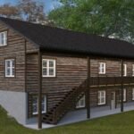 Plan 288-0224 Rear view of a two-story log home with a deck and stairs