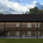 Plan 288-0224 front view with wooden siding and covered porch