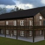 Plan 288-0224 Rear left view of a two-story log cabin with porch