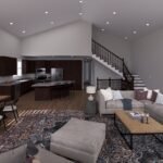 Plan 288-0224 open living area with high ceilings and kitchen island