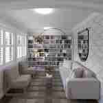 Plan 288-0129 interior view of a cozy living room with bookshelves