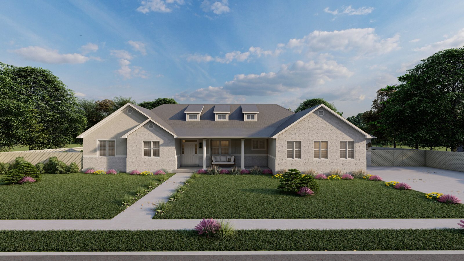 Plan 288-0252 Front view of a single-story home with gable roof and porch