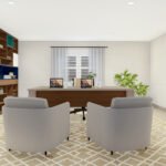 Plan 288-0252 interior view of a modern office with built-in shelves