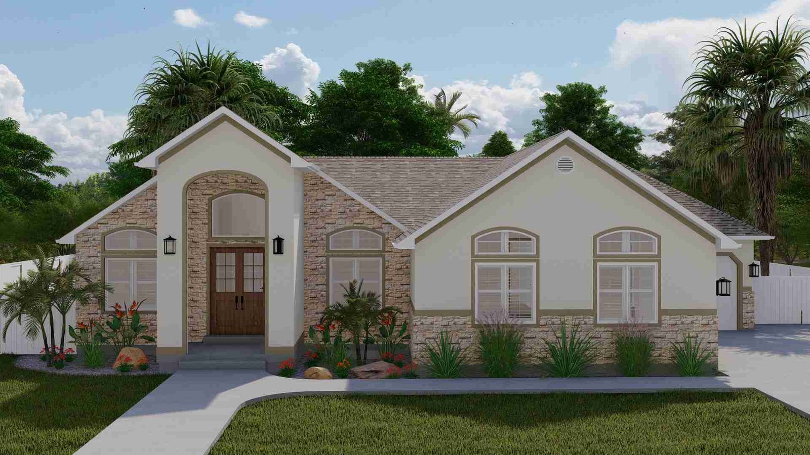 Plan 288-0111 Front view with stone accents and landscaped garden