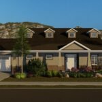 Plan 288-0253 Front view with gable roof and dormers, landscaped yard