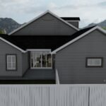 Plan 288-0253 Rear view of a gray house with a gable roof and patio