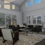 Plan 288-0253 living room with vaulted ceiling and large windows