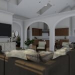 Plan 288-0253 interior view of living area with vaulted ceiling and arches