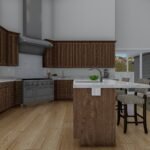 Plan 288-0253 kitchen with island and dining area, wood cabinetry