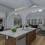 Plan 288-0253 open kitchen and living area with vaulted ceiling