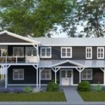 Plan 288-0227 Front view of a two-story home with a large porch