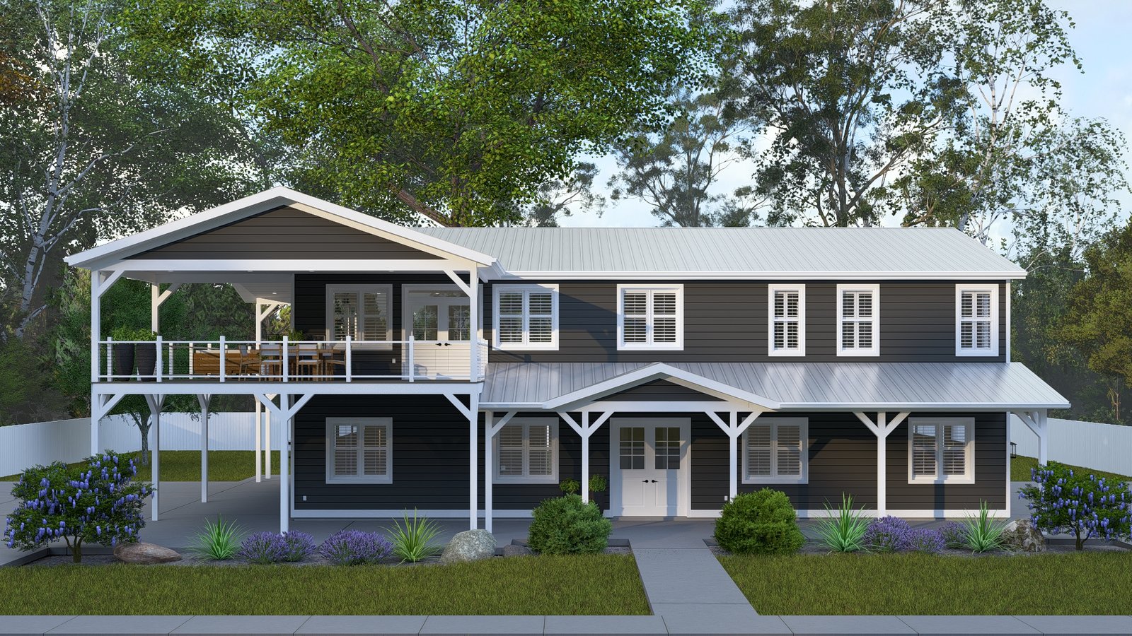 Plan 288-0227 Front view of a two-story home with a large porch
