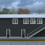 Plan 288-0227 Rear view of a two-story house with a staircase and porch