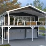 Plan 288-0227 front view of modern two-story house with porch and garage