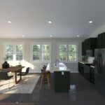 Plan 288-0227 kitchen with island and dining area, large windows