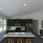 Plan 288-0227 kitchen with island, green cabinets, and large windows