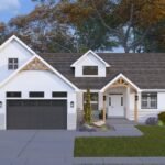 Plan 288-0255 Front view of a modern home with a gable roof and garage