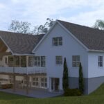 Plan 288-0255 Rear view of a two-story house with a large deck
