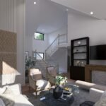 Plan 288-0255 interior view of living room with staircase and large windows