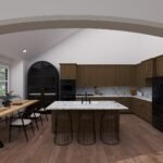 Plan 288-0255 kitchen with island, large windows, and vaulted ceiling