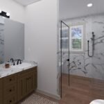 Plan 288-0255 primary bathroom with double vanity and walk-in shower